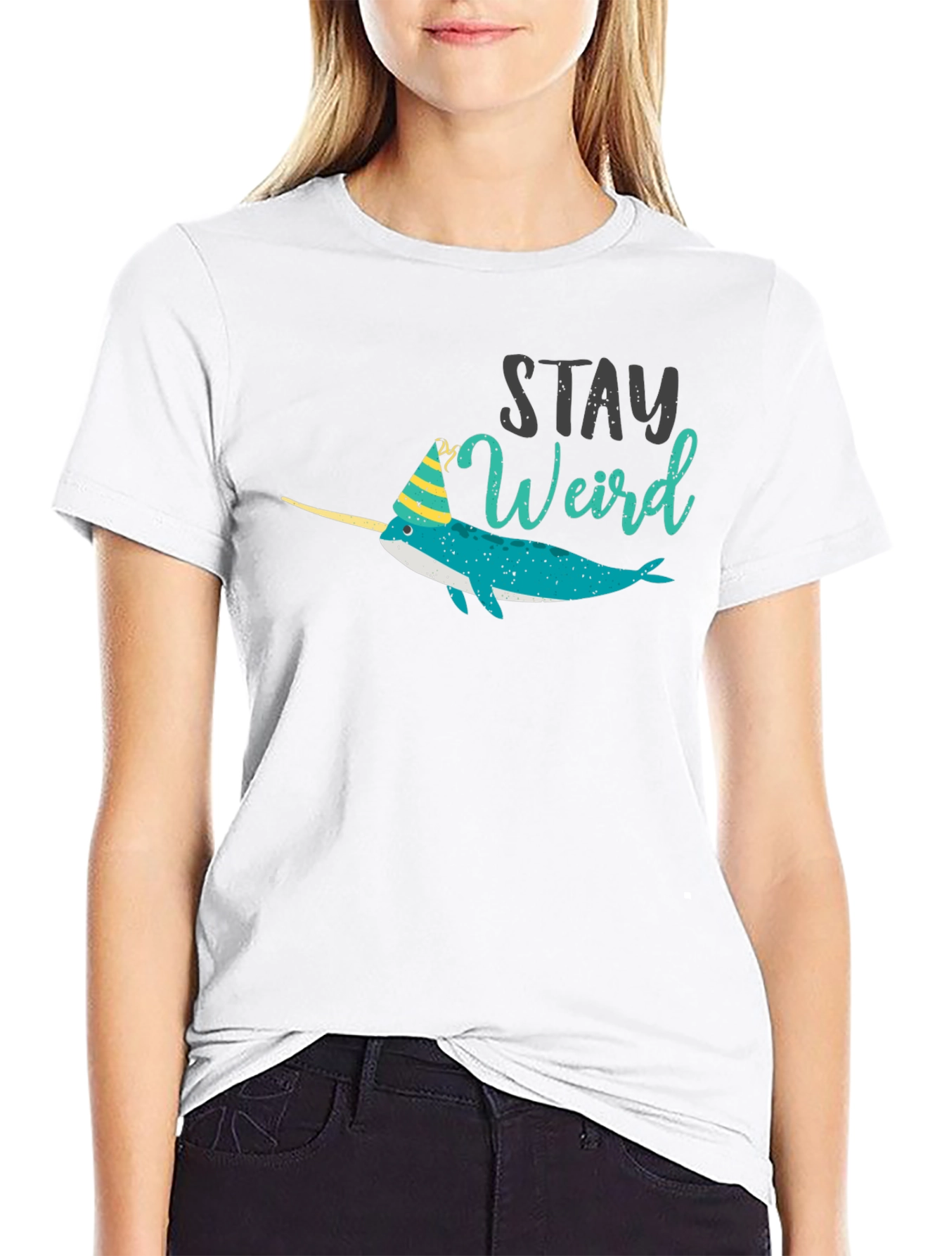Stay Weird Narwhal T-Shirt - Black Crew Neck Tee