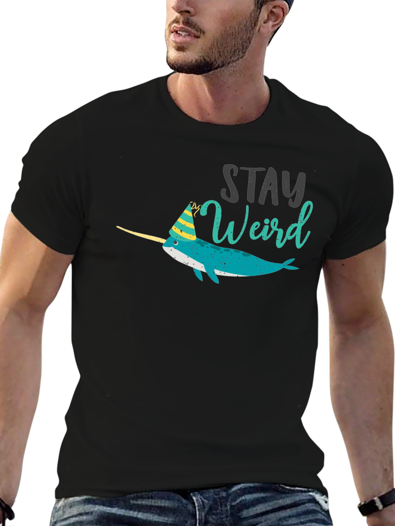 Stay Weird Narwhal T-Shirt - Black Crew Neck Tee