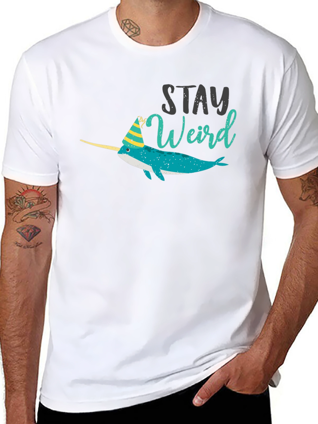 Stay Weird Narwhal T-Shirt - Black Crew Neck Tee