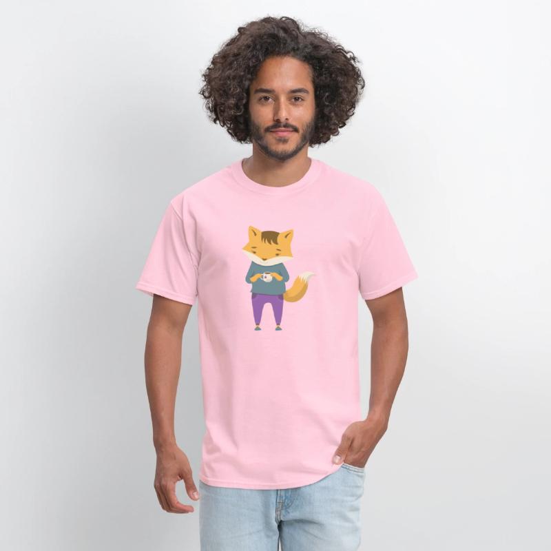 Fox dressed in cozy jeans with cup of tea