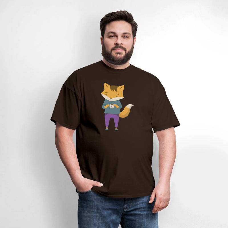 Fox dressed in cozy jeans with cup of tea