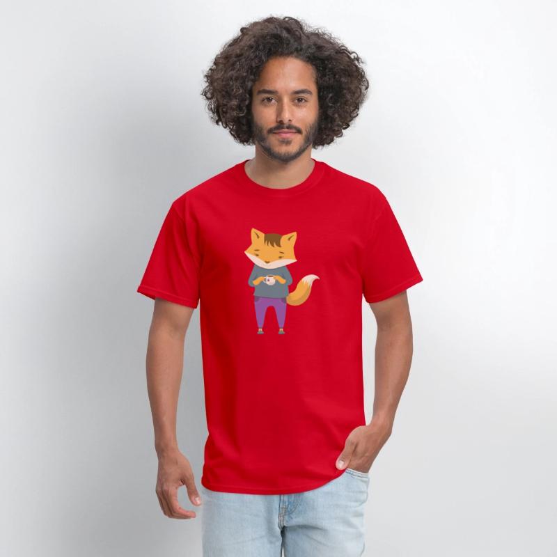 Fox dressed in cozy jeans with cup of tea