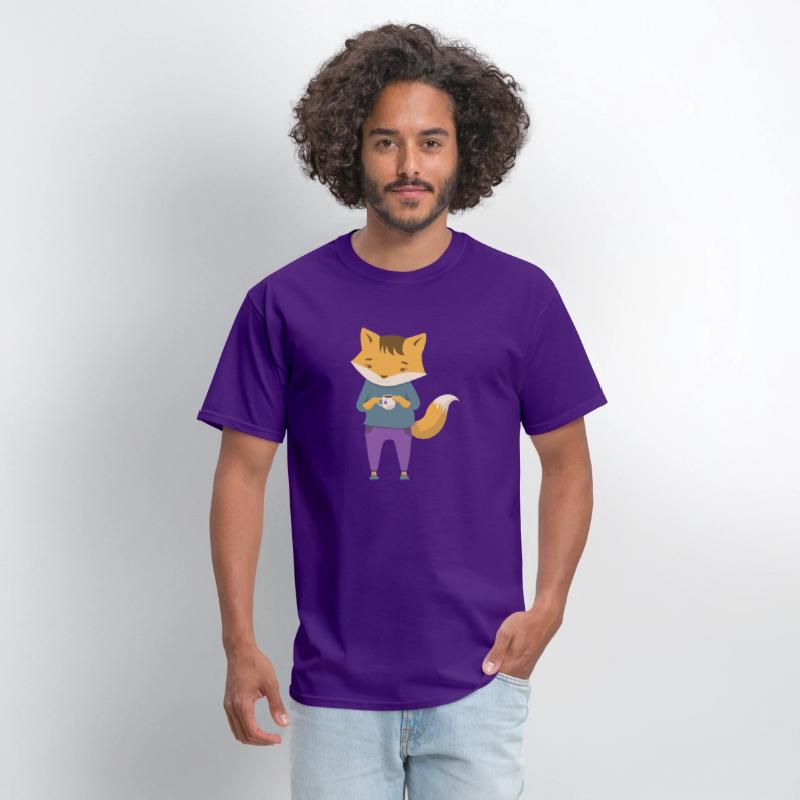 Fox dressed in cozy jeans with cup of tea