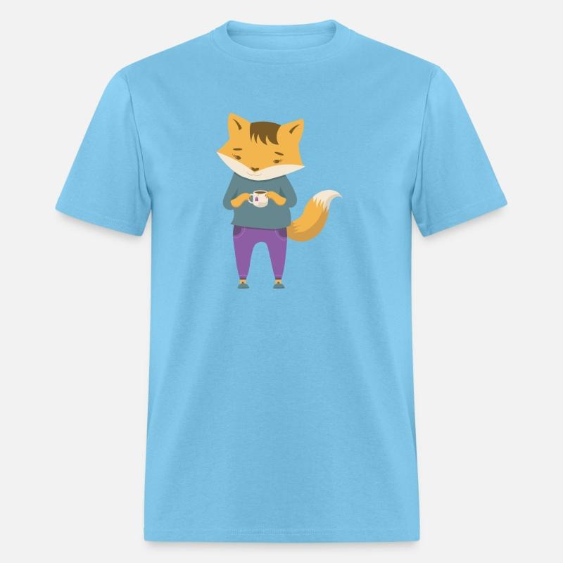 Fox dressed in cozy jeans with cup of tea