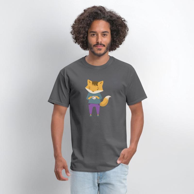 Fox dressed in cozy jeans with cup of tea