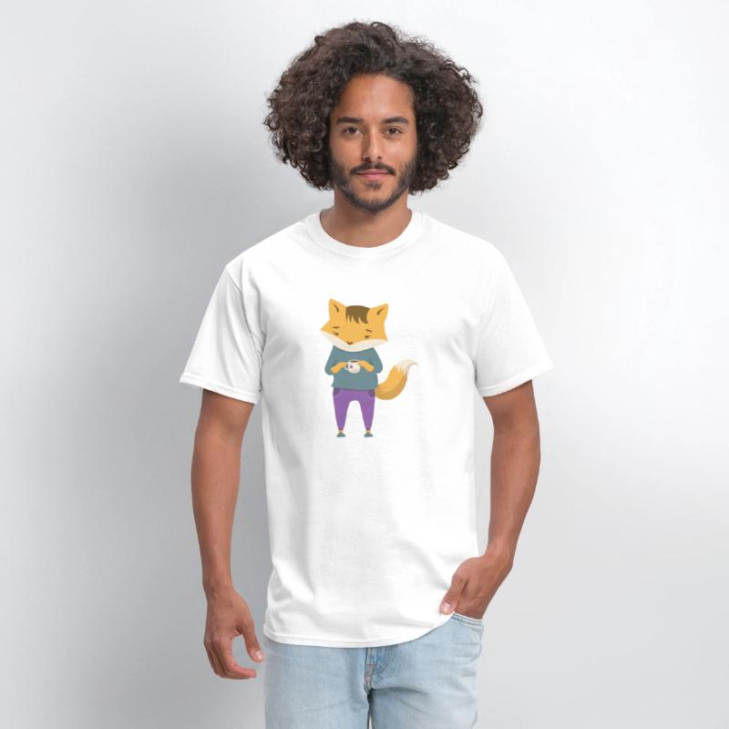 Fox dressed in cozy jeans with cup of tea