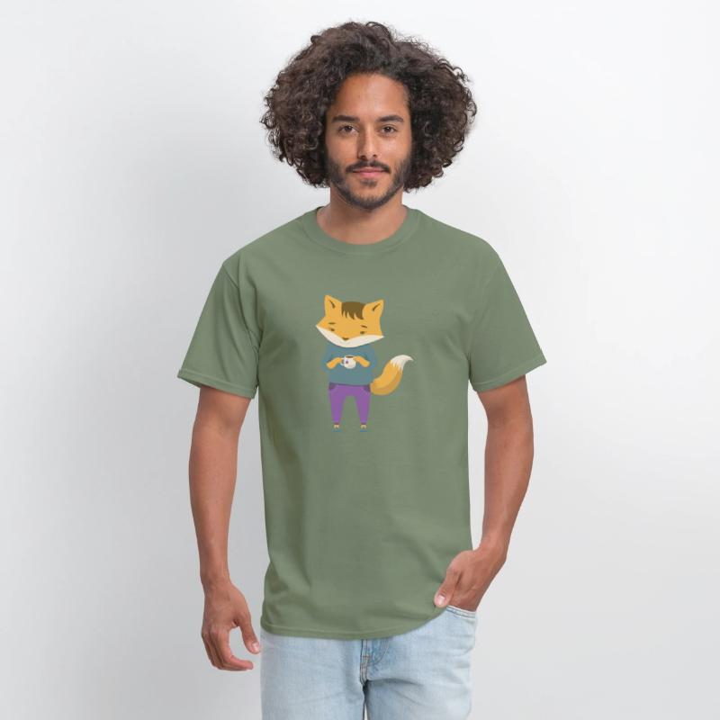 Fox dressed in cozy jeans with cup of tea
