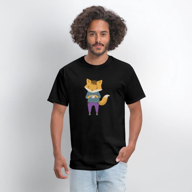 Fox dressed in cozy jeans with cup of tea