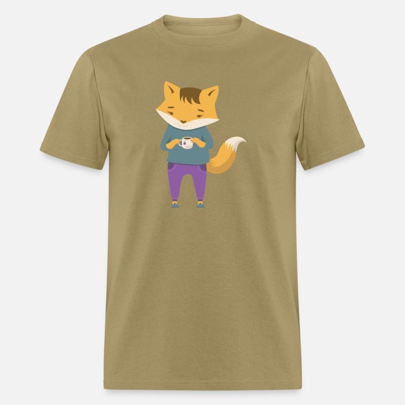 Fox dressed in cozy jeans with cup of tea