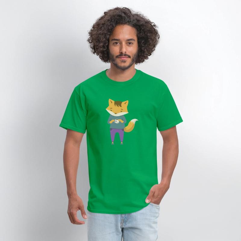 Fox dressed in cozy jeans with cup of tea