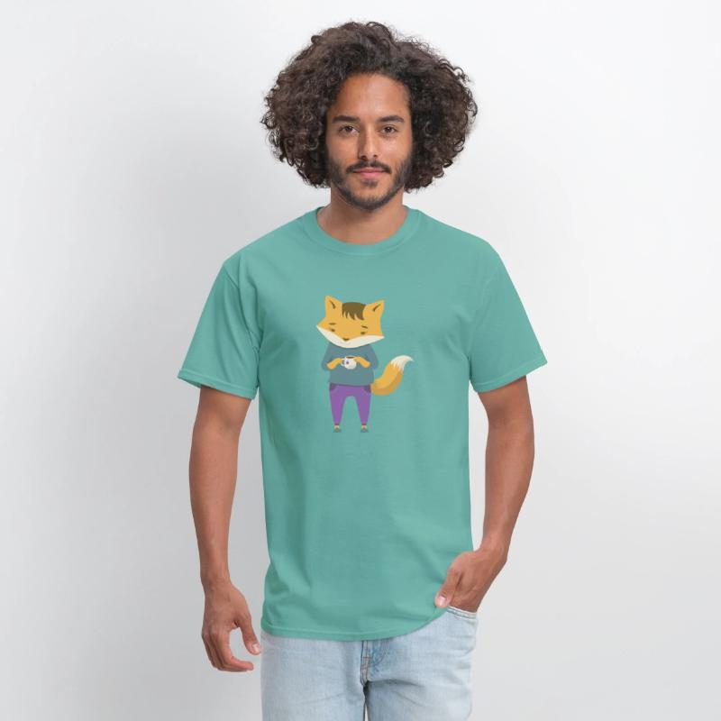 Fox dressed in cozy jeans with cup of tea
