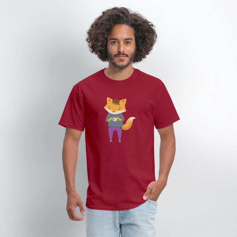 Fox dressed in cozy jeans with cup of tea