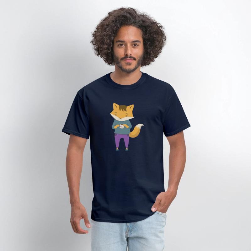 Fox dressed in cozy jeans with cup of tea