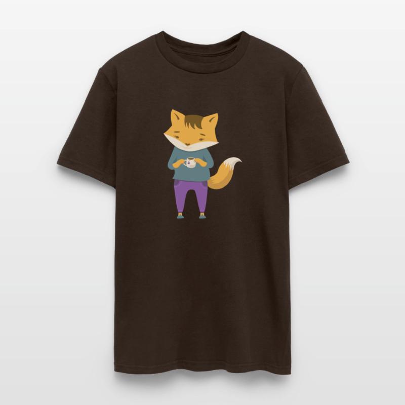 Fox dressed in cozy jeans with cup of tea