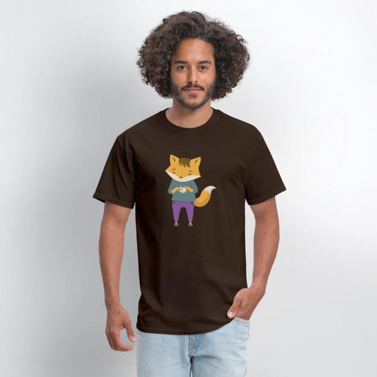 Fox dressed in cozy jeans with cup of tea