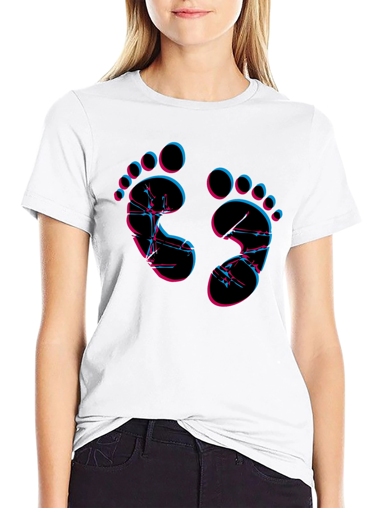 Trendy Footprint Graphic Tee - Black Crew Neck