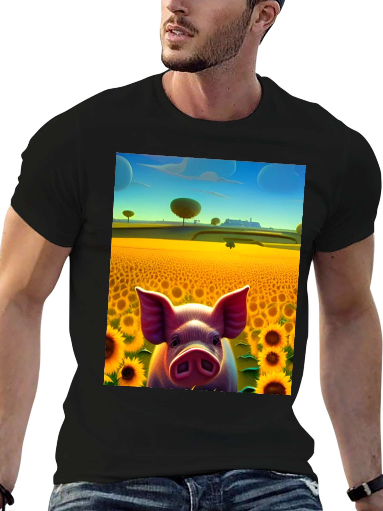 Pig in Sunflower Field Graphic Tee