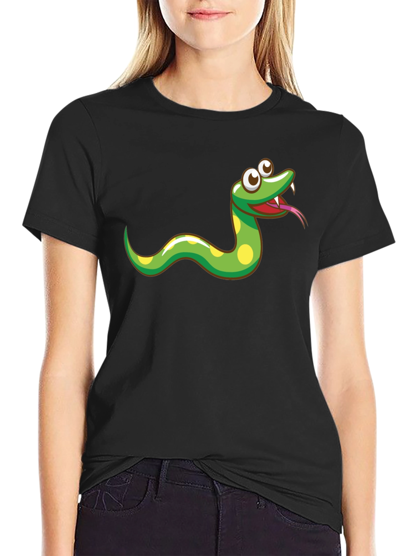 Cartoon Snake Graphic Tee - Black Cotton T-Shirt