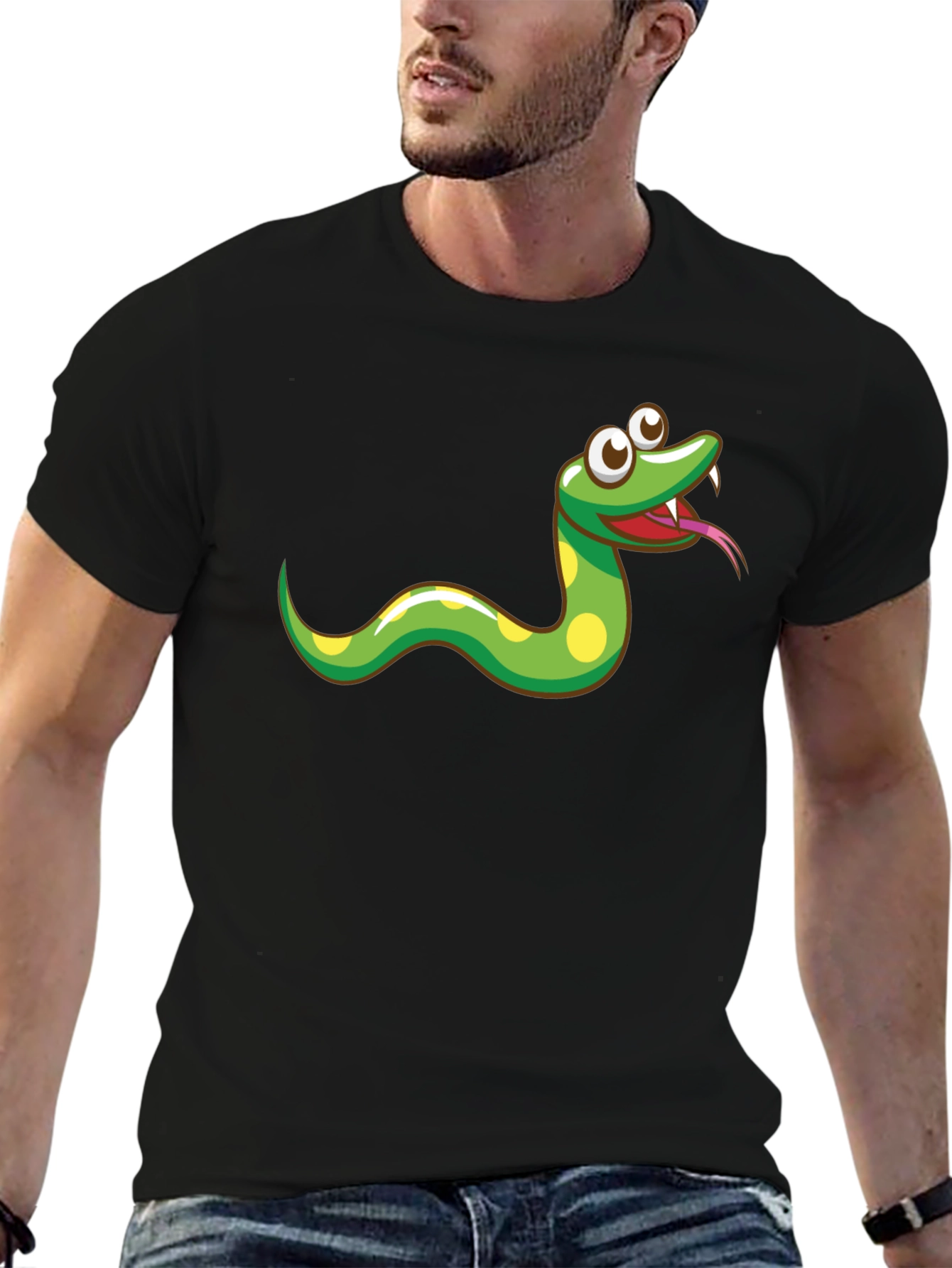 Cartoon Snake Graphic Tee - Black Cotton T-Shirt