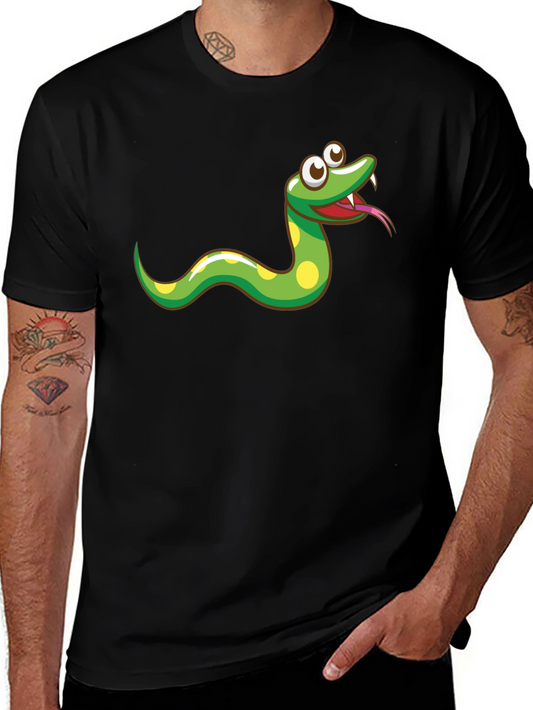Cartoon Snake Graphic Tee - Black Cotton T-Shirt