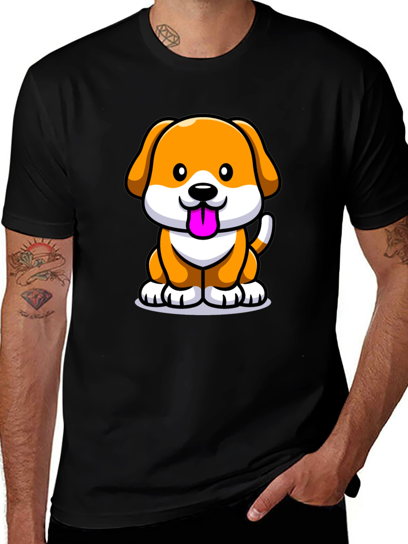 Cartoon Dog Graphic Tee - Black Cotton Blend