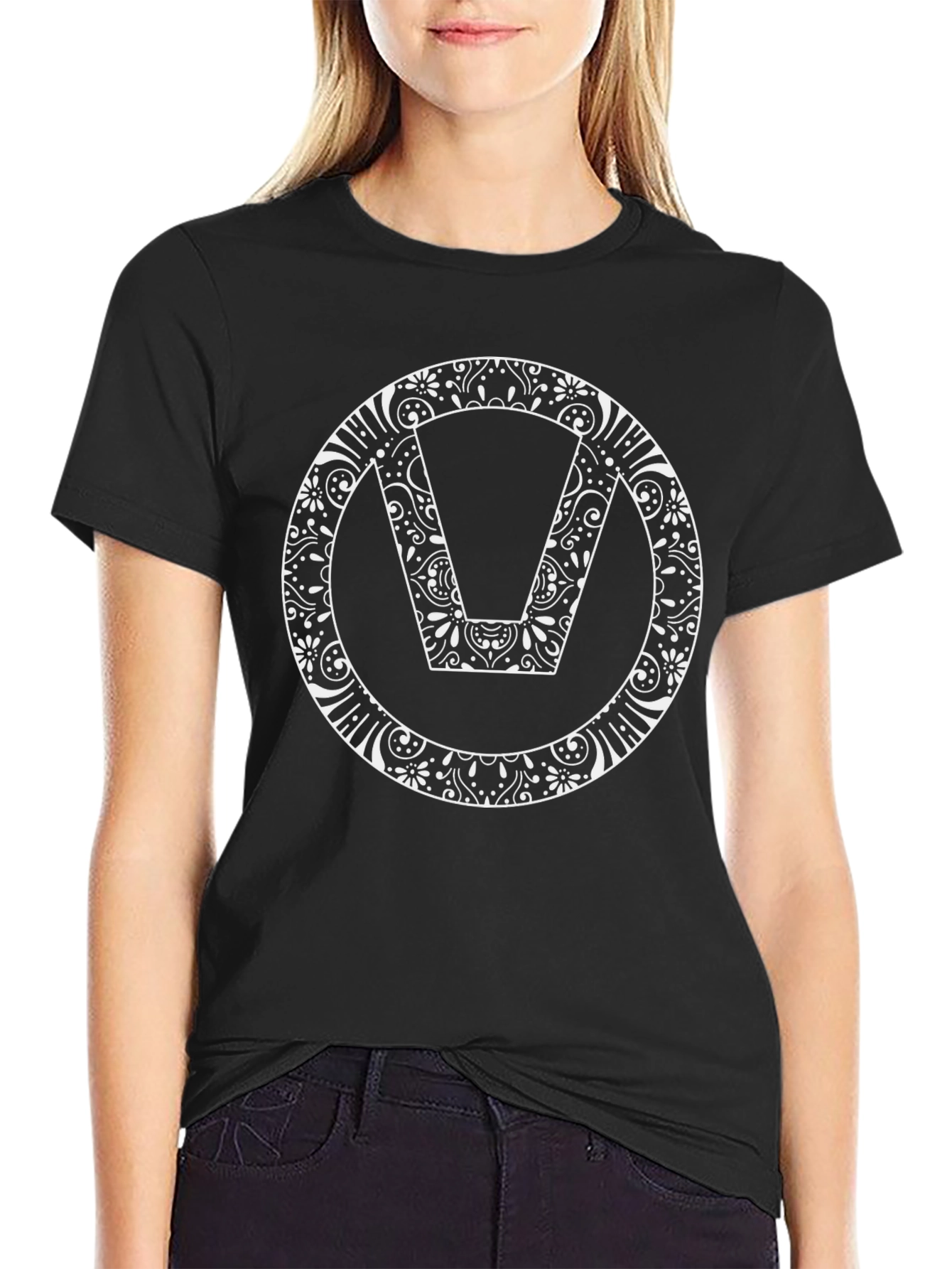 Black T-Shirt with Floral V Design