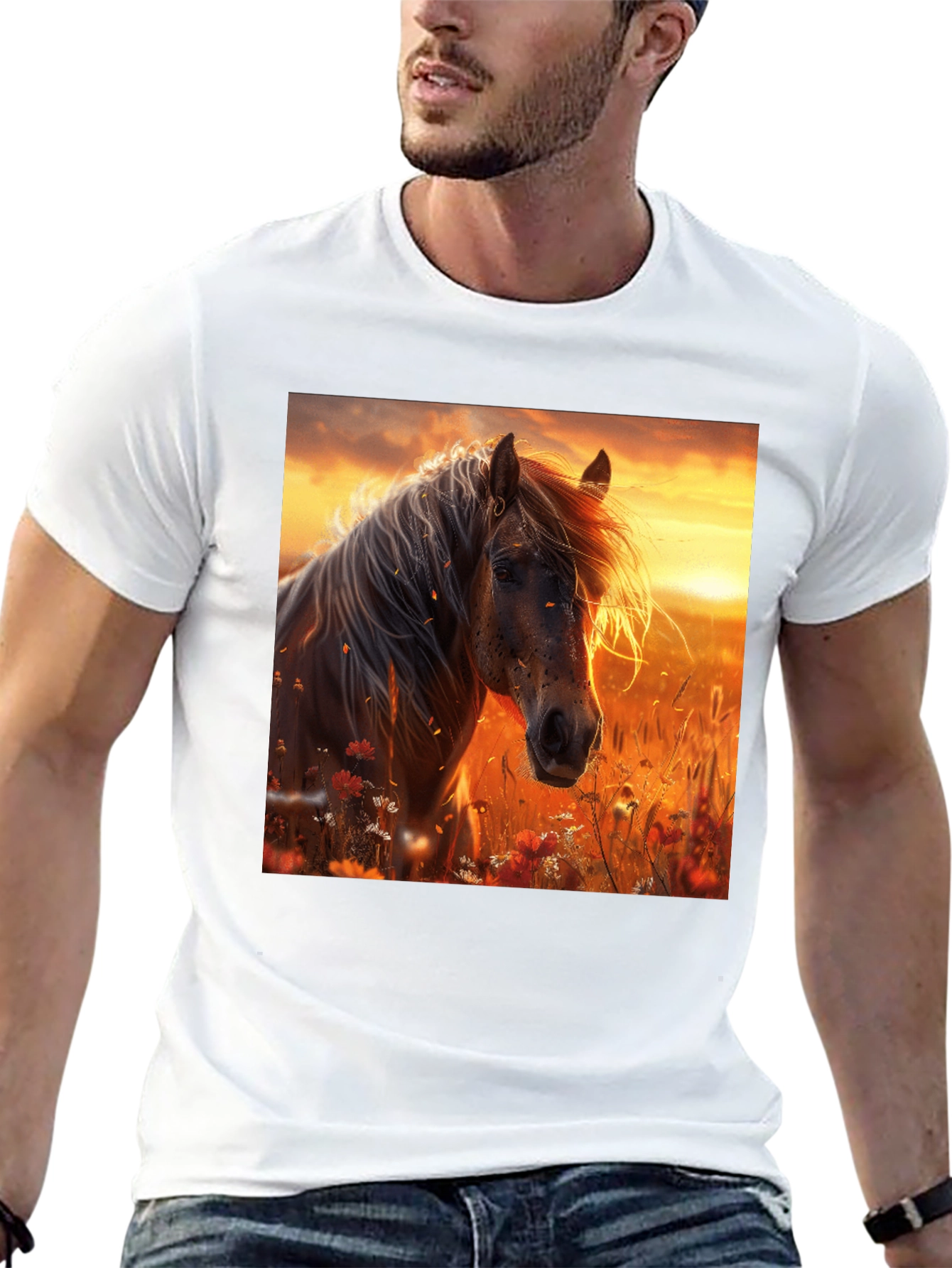 Horse Sunset Graphic Tee - Black Cotton Blend