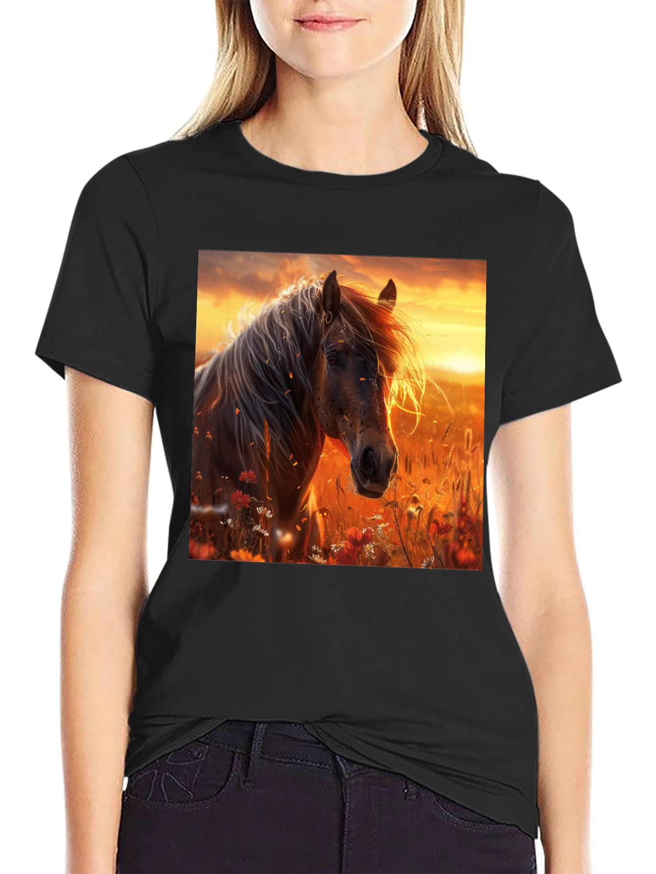 Horse Sunset Graphic Tee - Black Cotton Blend