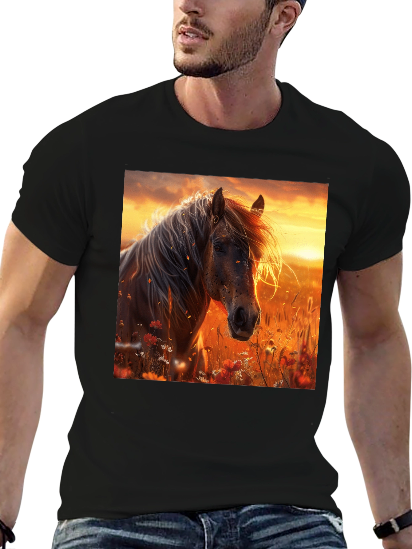 Horse Sunset Graphic Tee - Black Cotton Blend