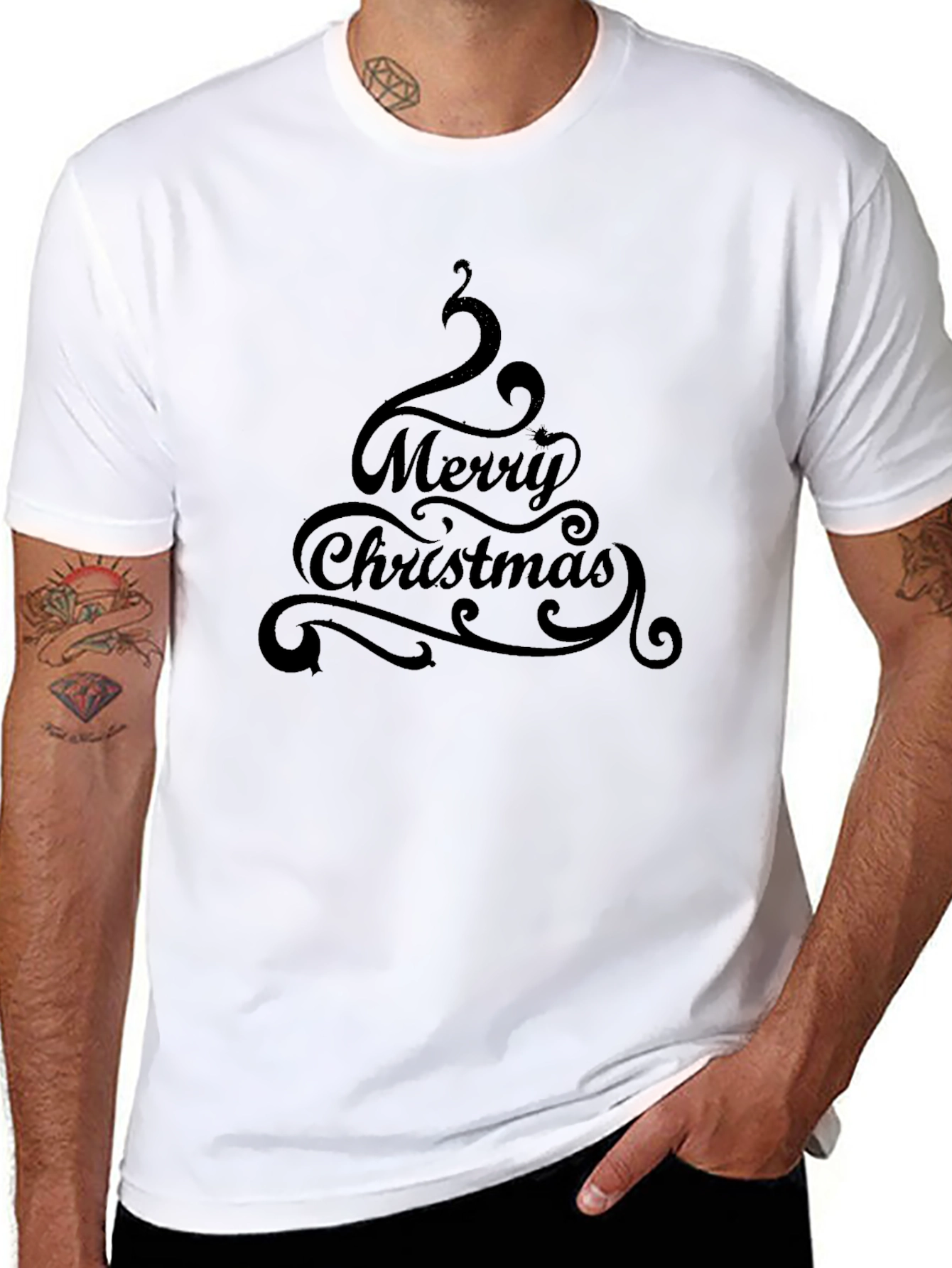 Festive Merry Christmas Tree Graphic Tee - Black