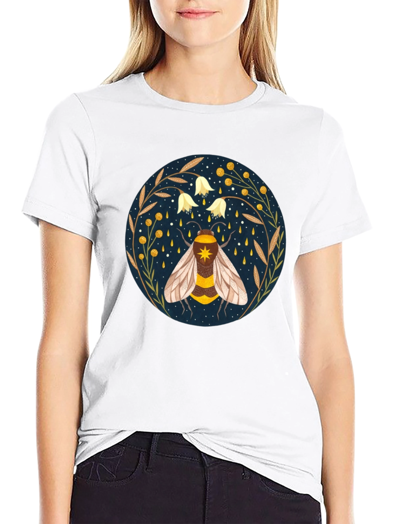Enchanted Bee Graphic Tee - Celestial Honeycomb Design