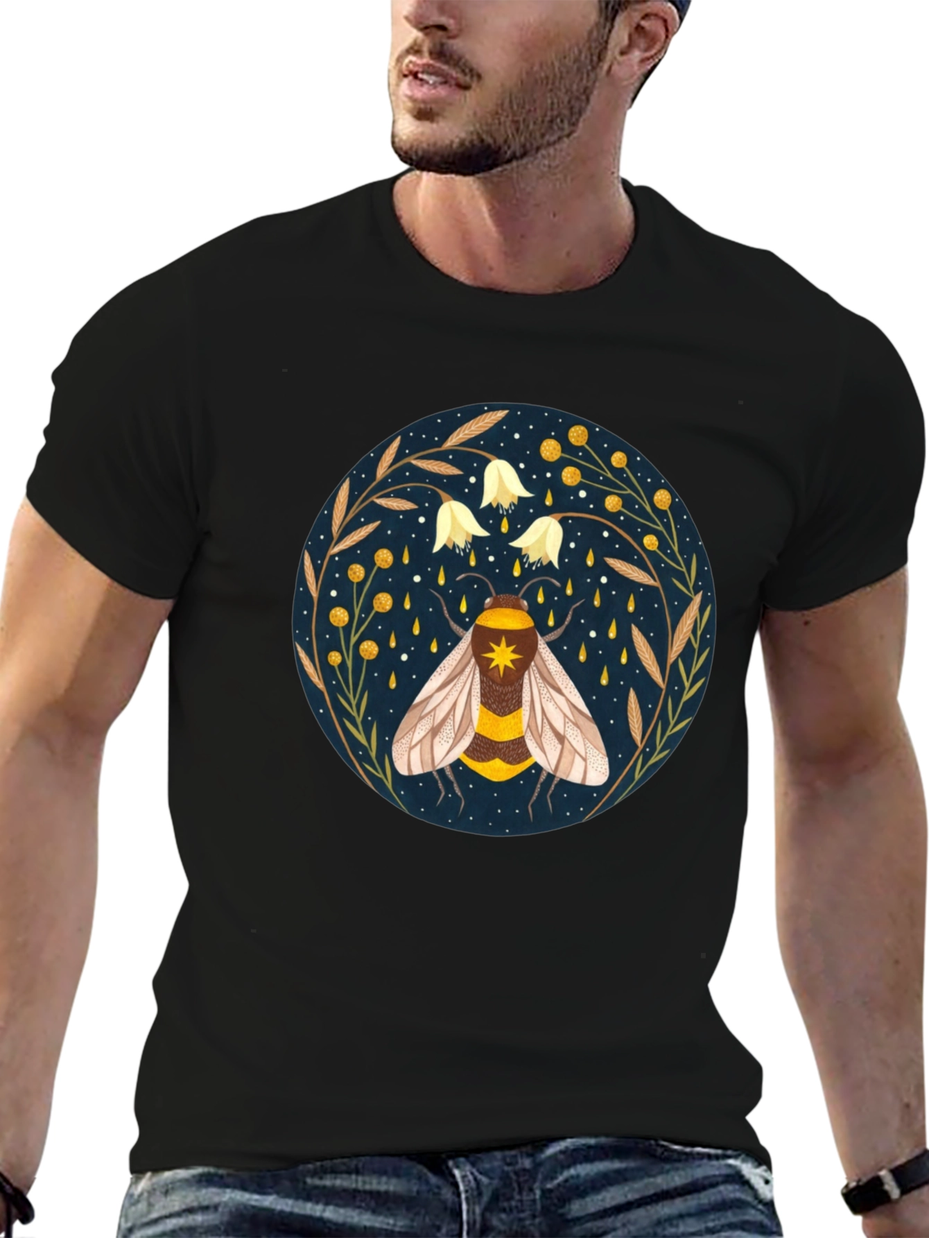 Enchanted Bee Graphic Tee - Celestial Honeycomb Design