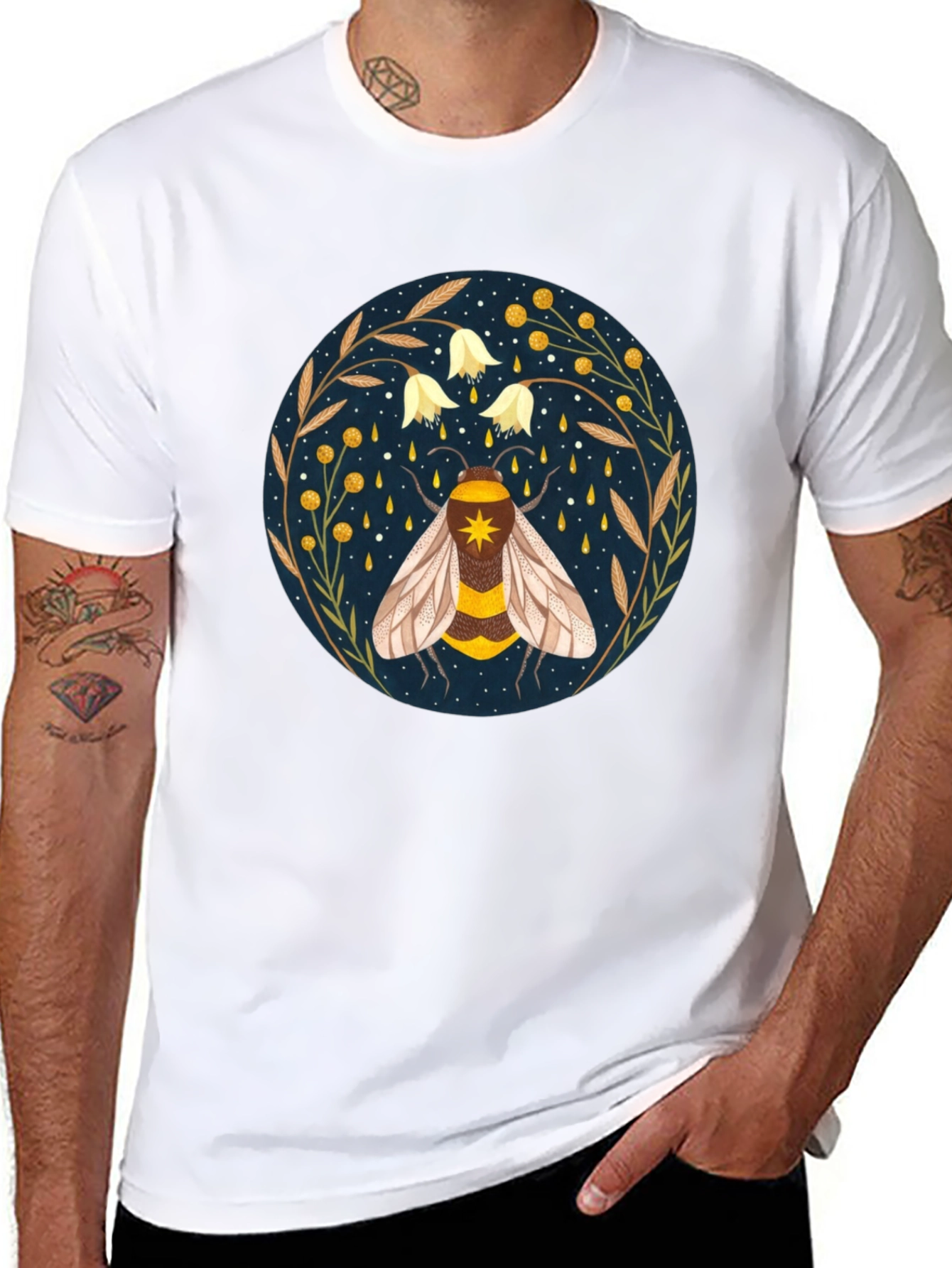 Enchanted Bee Graphic Tee - Celestial Honeycomb Design