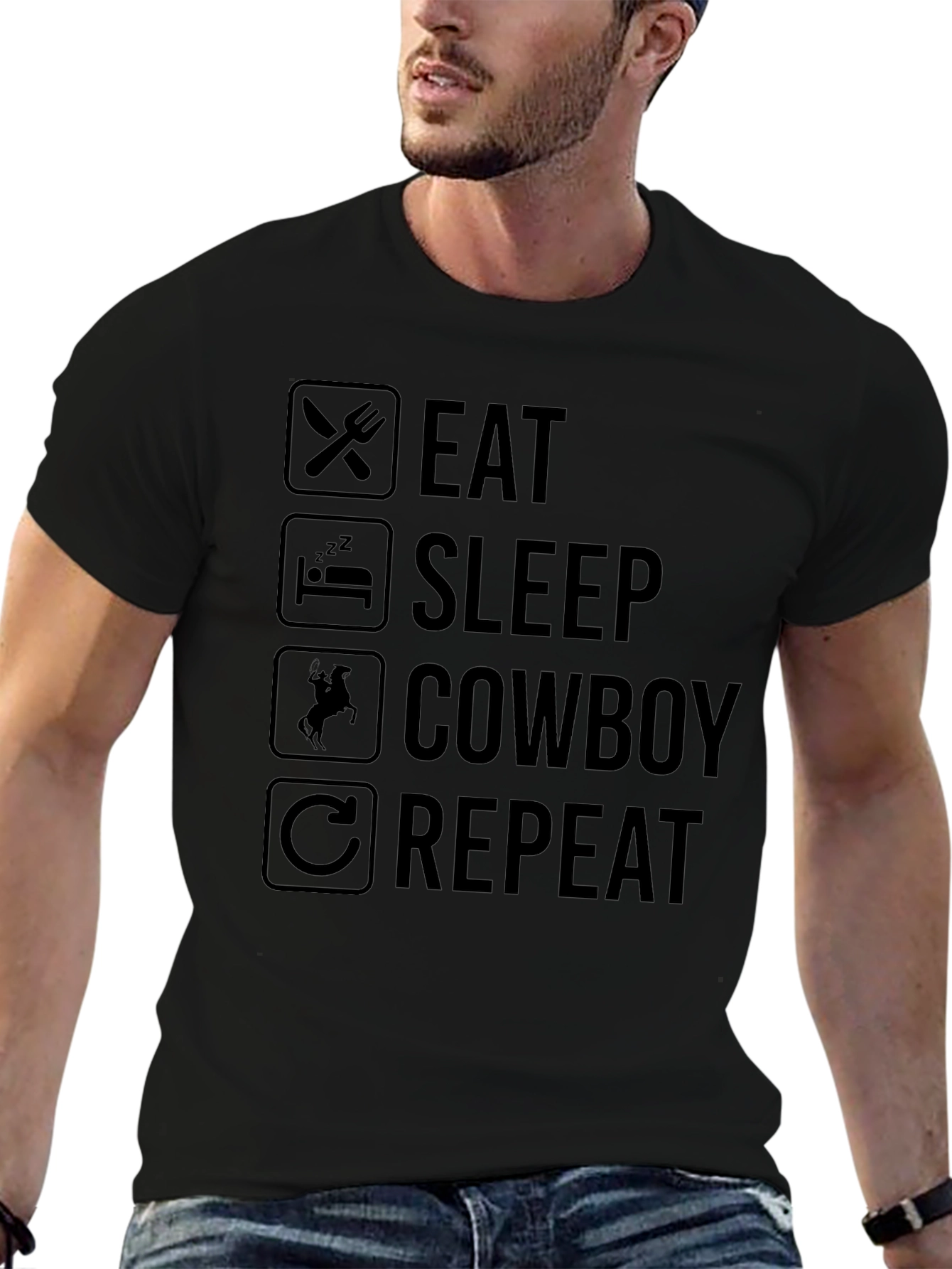 Eat Sleep Cowboy Repeat Black T-Shirt