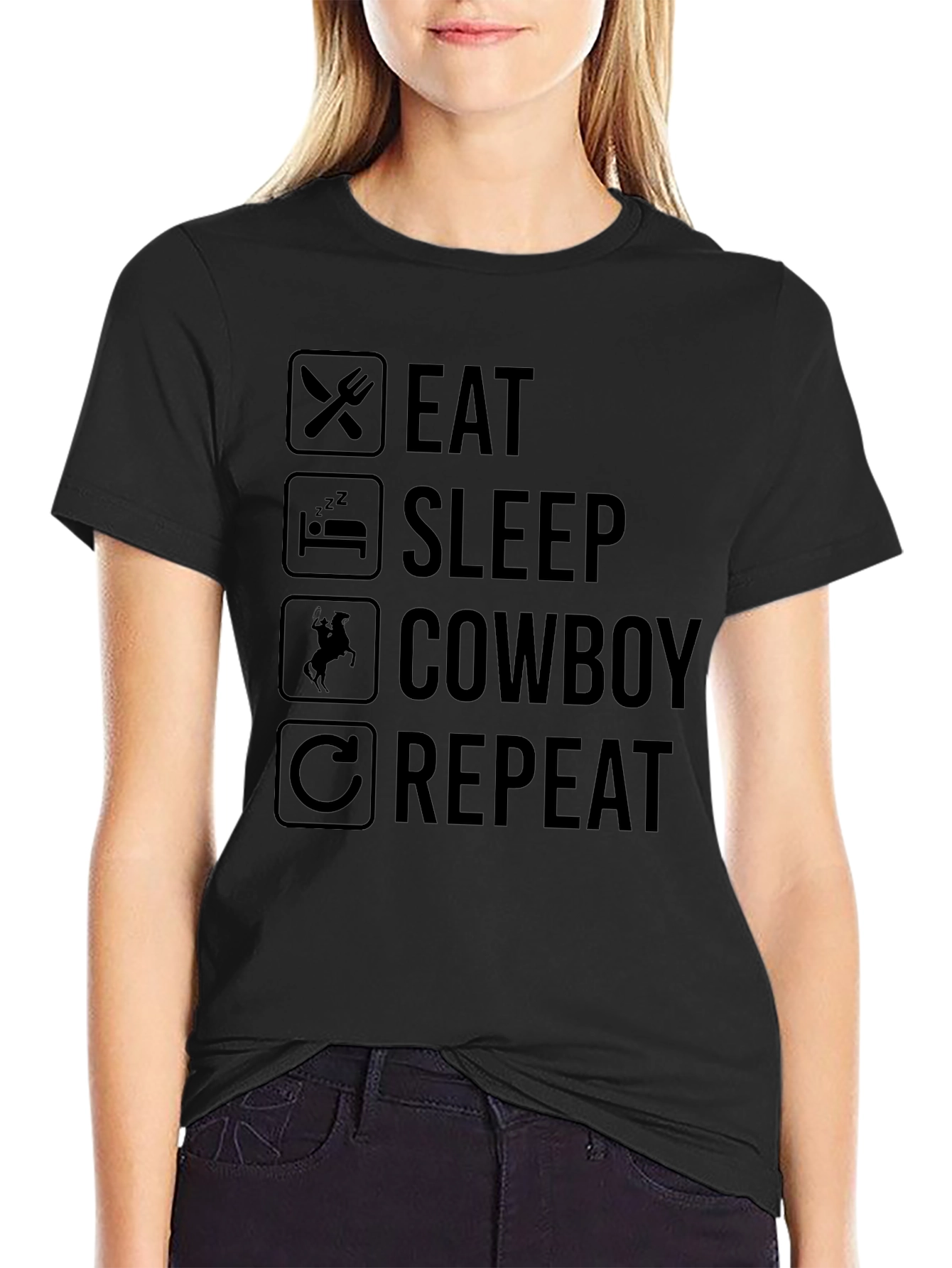Eat Sleep Cowboy Repeat Black T-Shirt