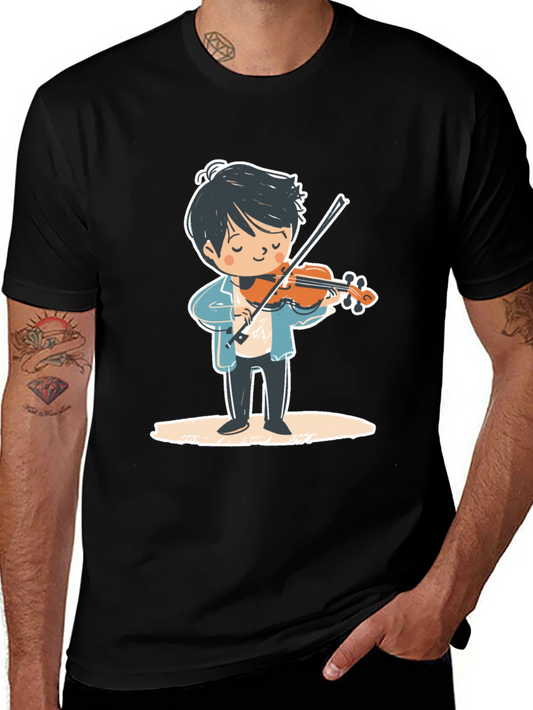 Violinist Cartoon Graphic Tee - Unisex Black T-Shirt