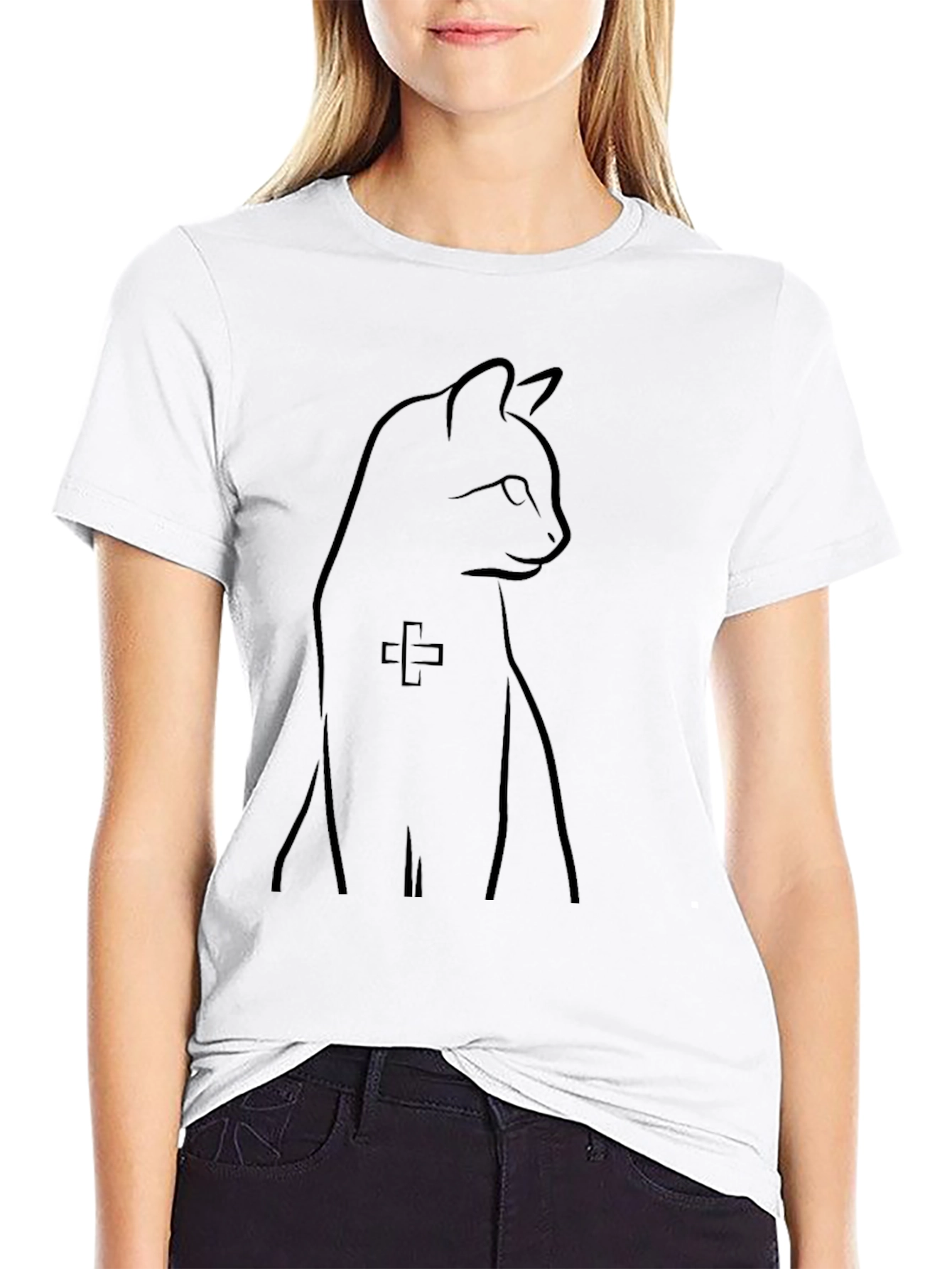 Minimalist Cat Line Art Black T-Shirt