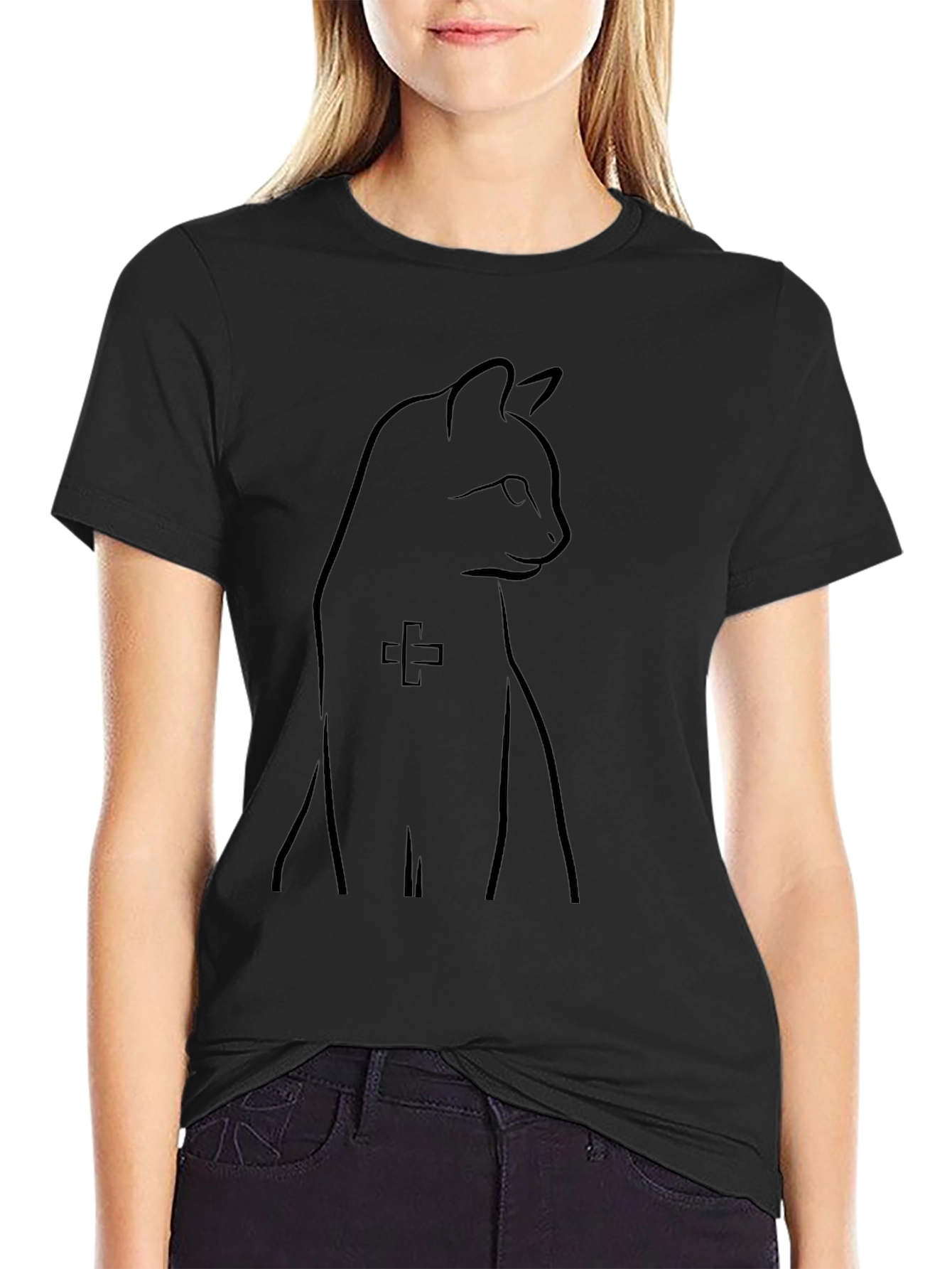 Minimalist Cat Line Art Black T-Shirt