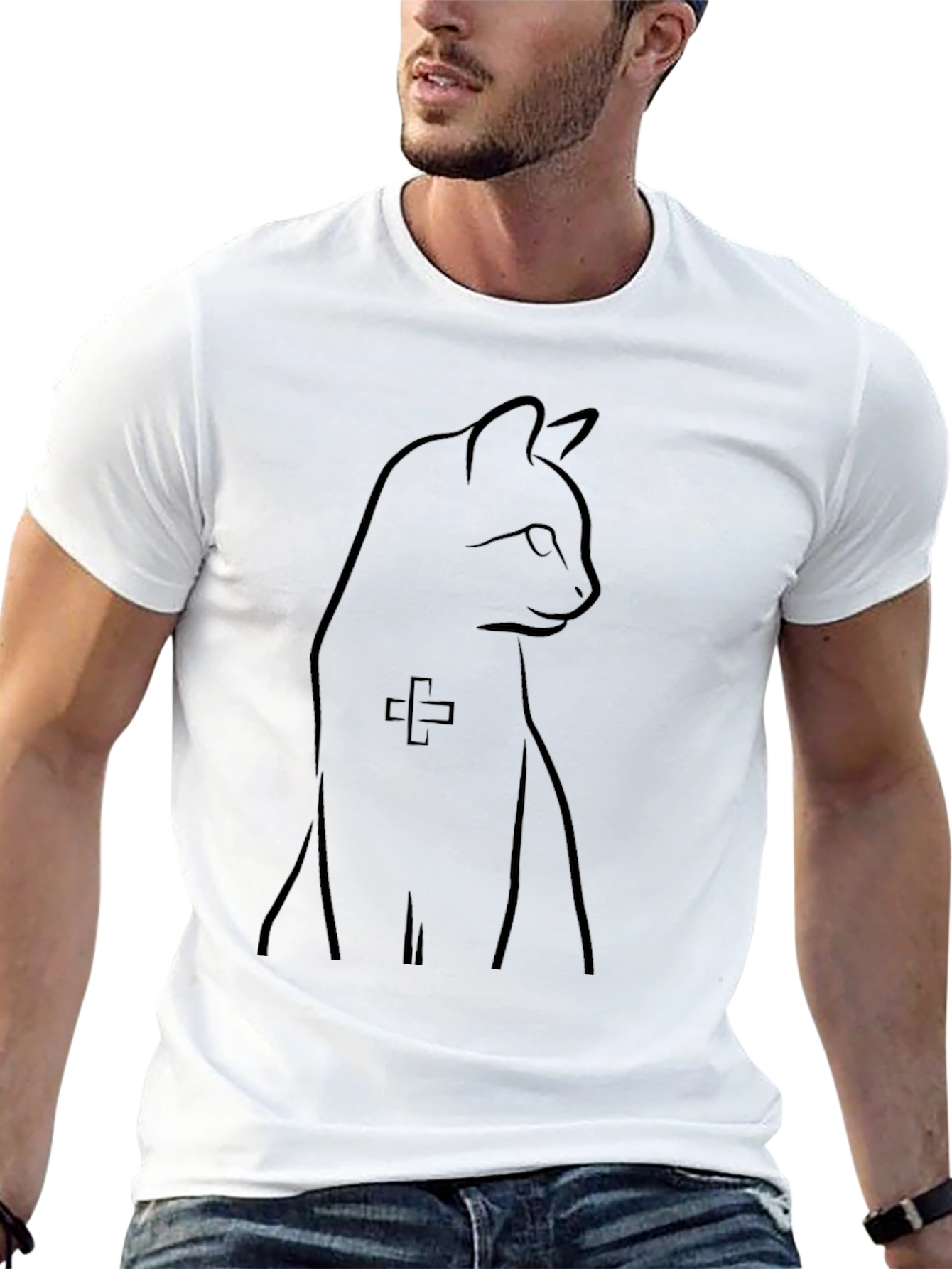 Minimalist Cat Line Art Black T-Shirt