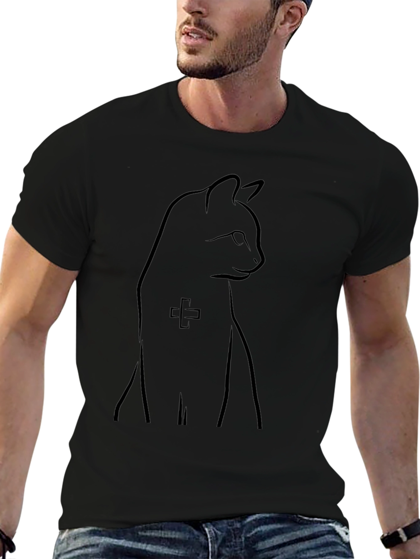 Minimalist Cat Line Art Black T-Shirt