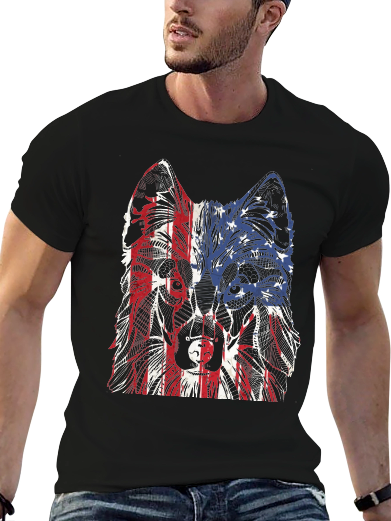 Patriotic Wolf Graphic Print T-Shirt