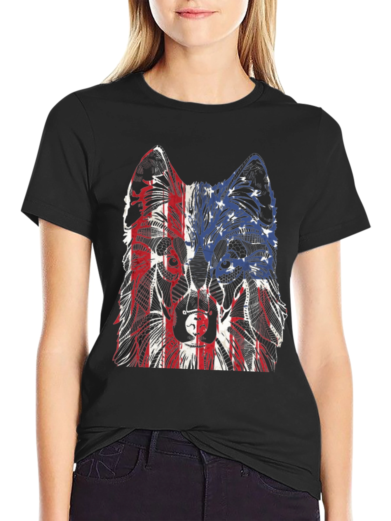 Patriotic Wolf Graphic Print T-Shirt