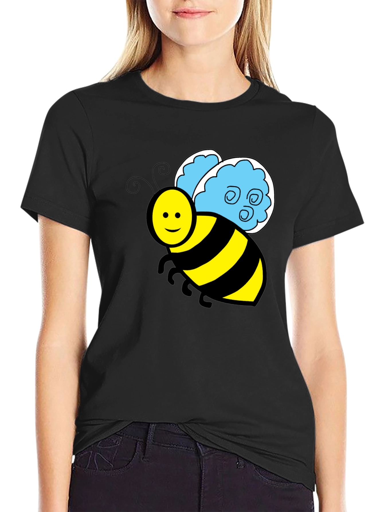Cartoon Bee Graphic T-Shirt - Black Crew Neck Tee