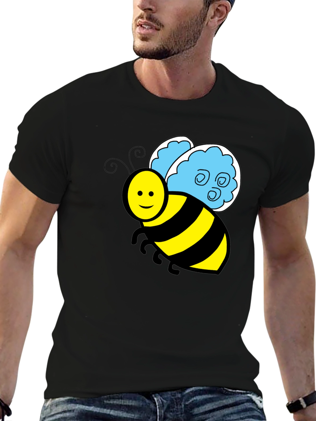 Cartoon Bee Graphic T-Shirt - Black Crew Neck Tee