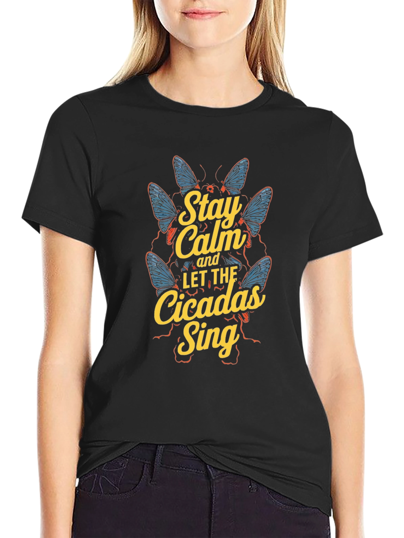 Stay Calm Cicadas Sing Black Graphic Tee