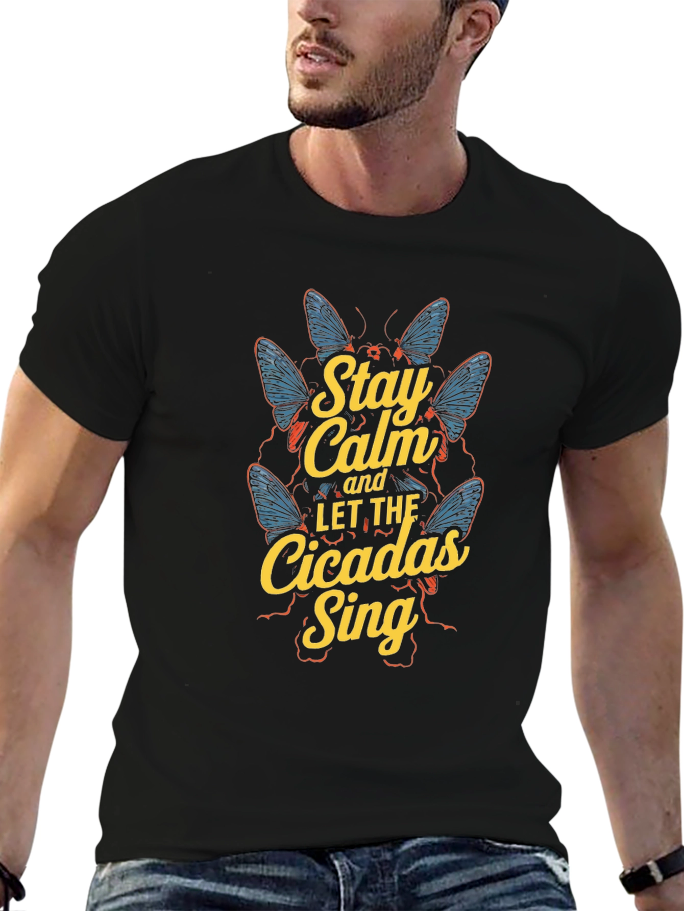Stay Calm Cicadas Sing Black Graphic Tee