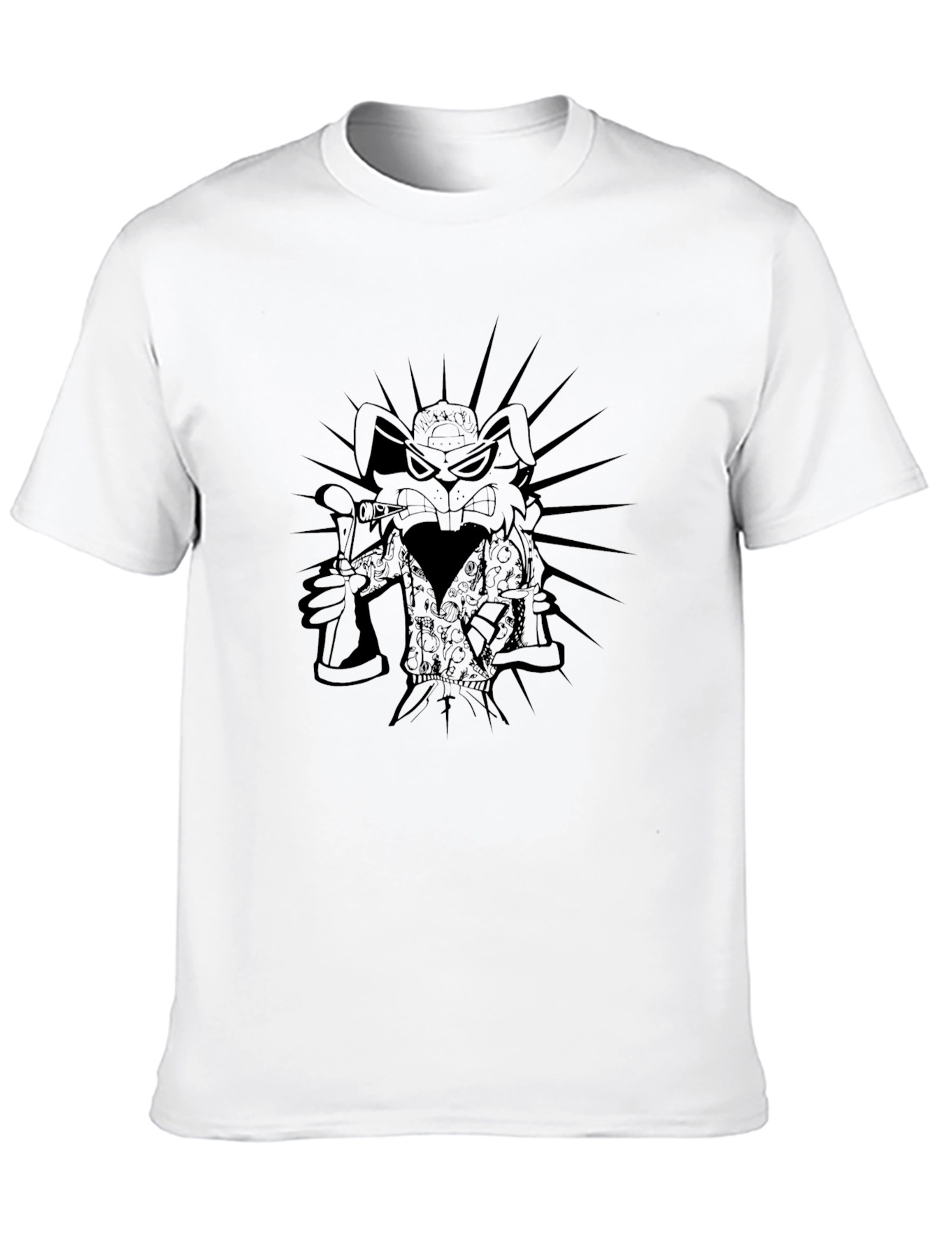 Mens Black Graphic T-Shirt - Cartoon Rabbit Design