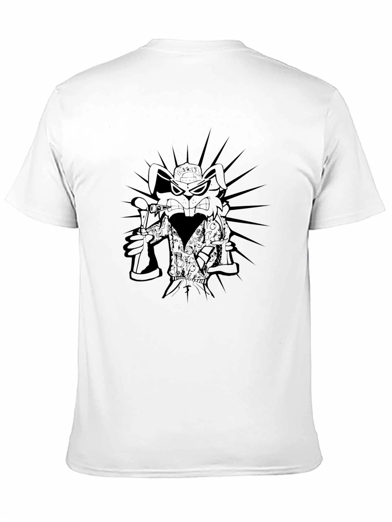 Mens Black Graphic T-Shirt - Cartoon Rabbit Design