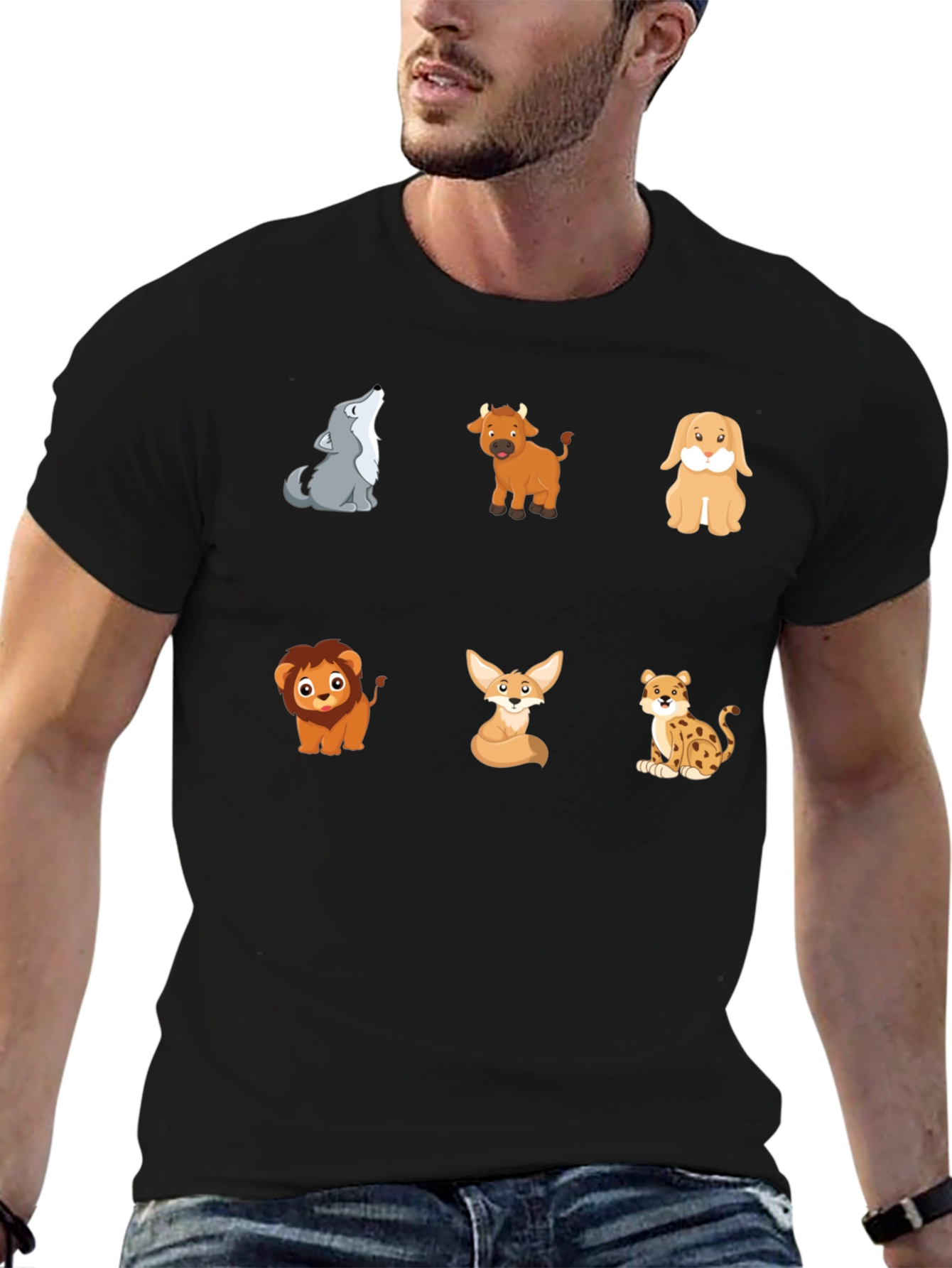 Animal Cartoon Print Black T-Shirt