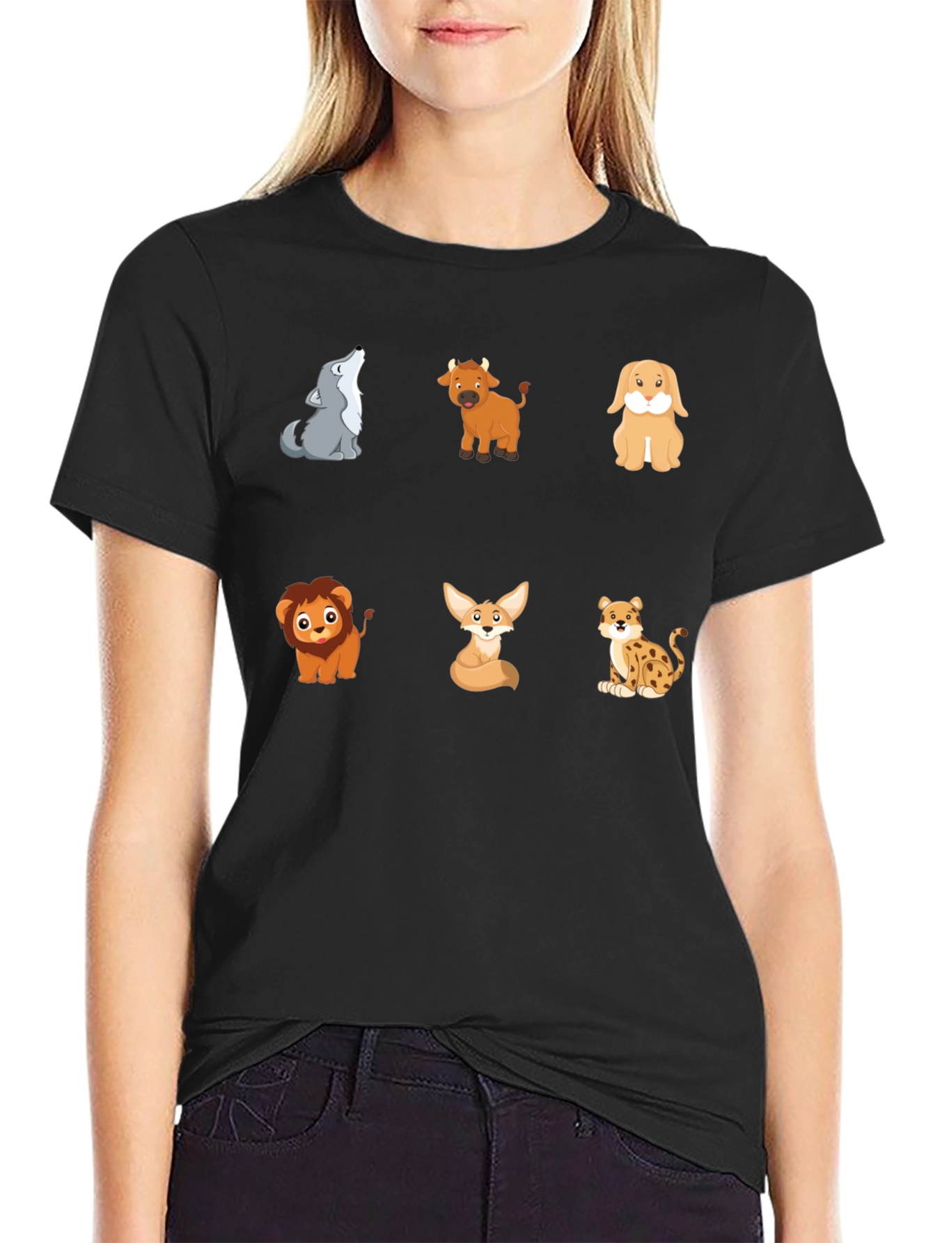 Animal Cartoon Print Black T-Shirt